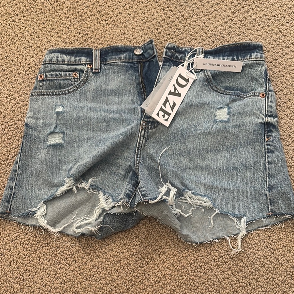 Distressed Blue Jean Shorts with Frayed Hem